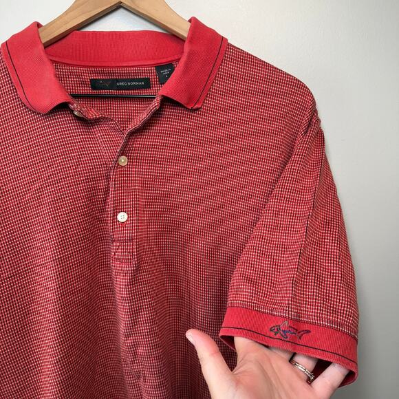 Greg Norman Men's Short Sleeve Cotton Grid Check Print Polo Shirt Red Size Large - Picture 5 of 6